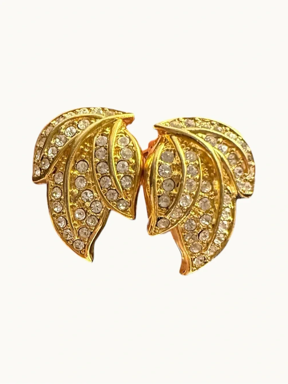 Gold Crystal Leaf Clip Earrings - Sparkling Gold Tone